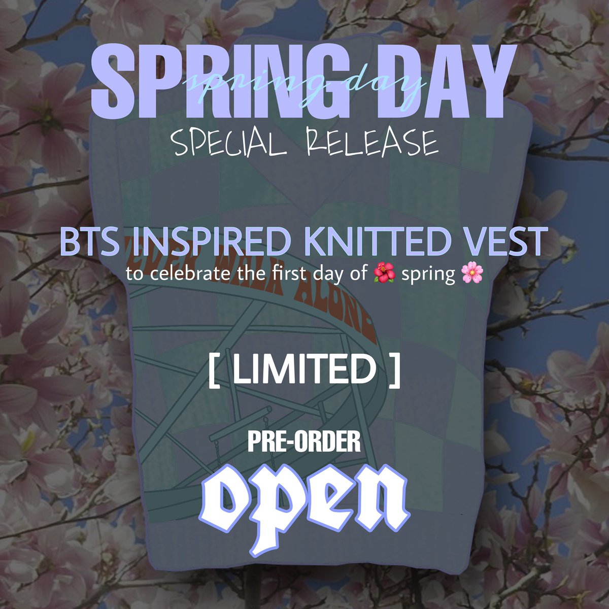svnthrkv's tweet photo. 🌼welcome spring 2021 with a special release🌼
✨spring day knitted vest✨
available on pre-order NOW
https://t.co/yNsvgGObpk
#btsmerch #BTSJIN #springdaybts #BTSARMY #kpopmerch #btscore https://t.co/98S5FQDKb5
