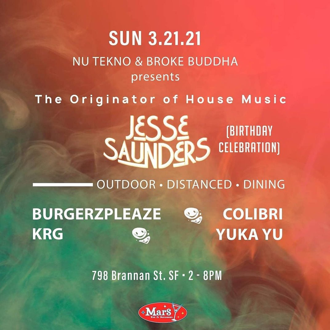 Chosen_Few_DJS's tweet photo. It's ☀️Day in #SanFrancisco with @DJJesseSaunders! Our brother #JesseSaunders continues his bday tour with an outdoor stop at @marsbarsf! Come groove with him, Burgerzpleaze, Colibri, KRG, and Yuka Yu, 2-8pm. https://t.co/6sQrEMHLgB