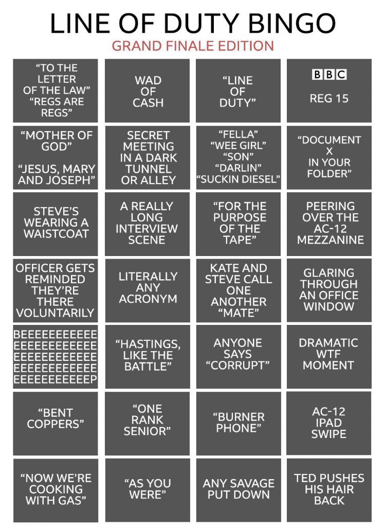 mikeacthomas's tweet photo. Play along at home 😍 #lineofduty #motherofgod #heyfella #tedhastings https://t.co/AX8bkEuLF9
