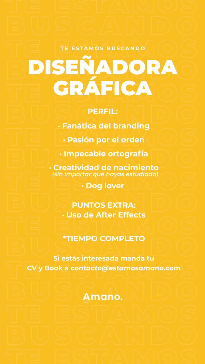 Amanomx_'s tweet photo. Tenemos una vacante para diseñadora gráfica en Amano 🙌🏼 
Ayúdenos pa’ que llegue a la indicada ✨ https://t.co/tP5AAMo10l