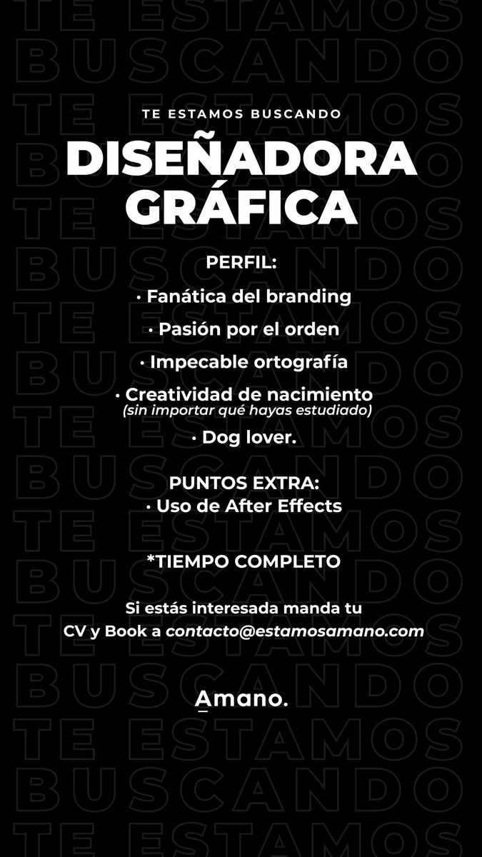 Amanomx_'s tweet photo. Tenemos una vacante para diseñadora gráfica en Amano 🙌🏼 
Ayúdenos pa’ que llegue a la indicada ✨ https://t.co/tP5AAMo10l