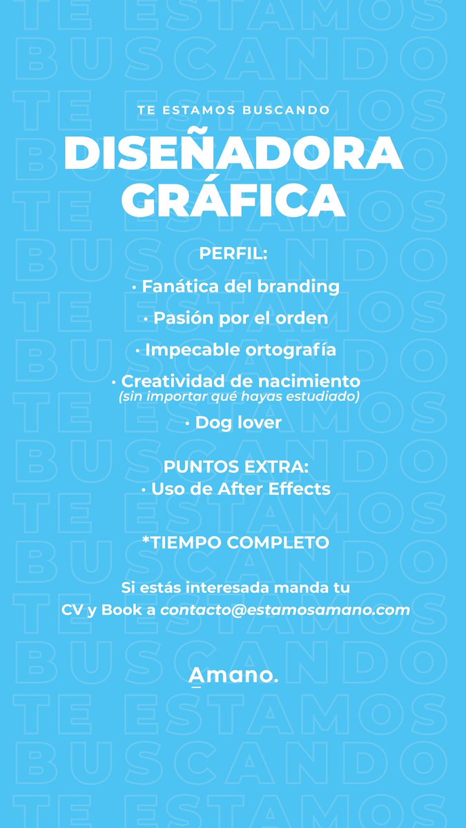 Amanomx_'s tweet photo. Tenemos una vacante para diseñadora gráfica en Amano 🙌🏼 
Ayúdenos pa’ que llegue a la indicada ✨ https://t.co/tP5AAMo10l