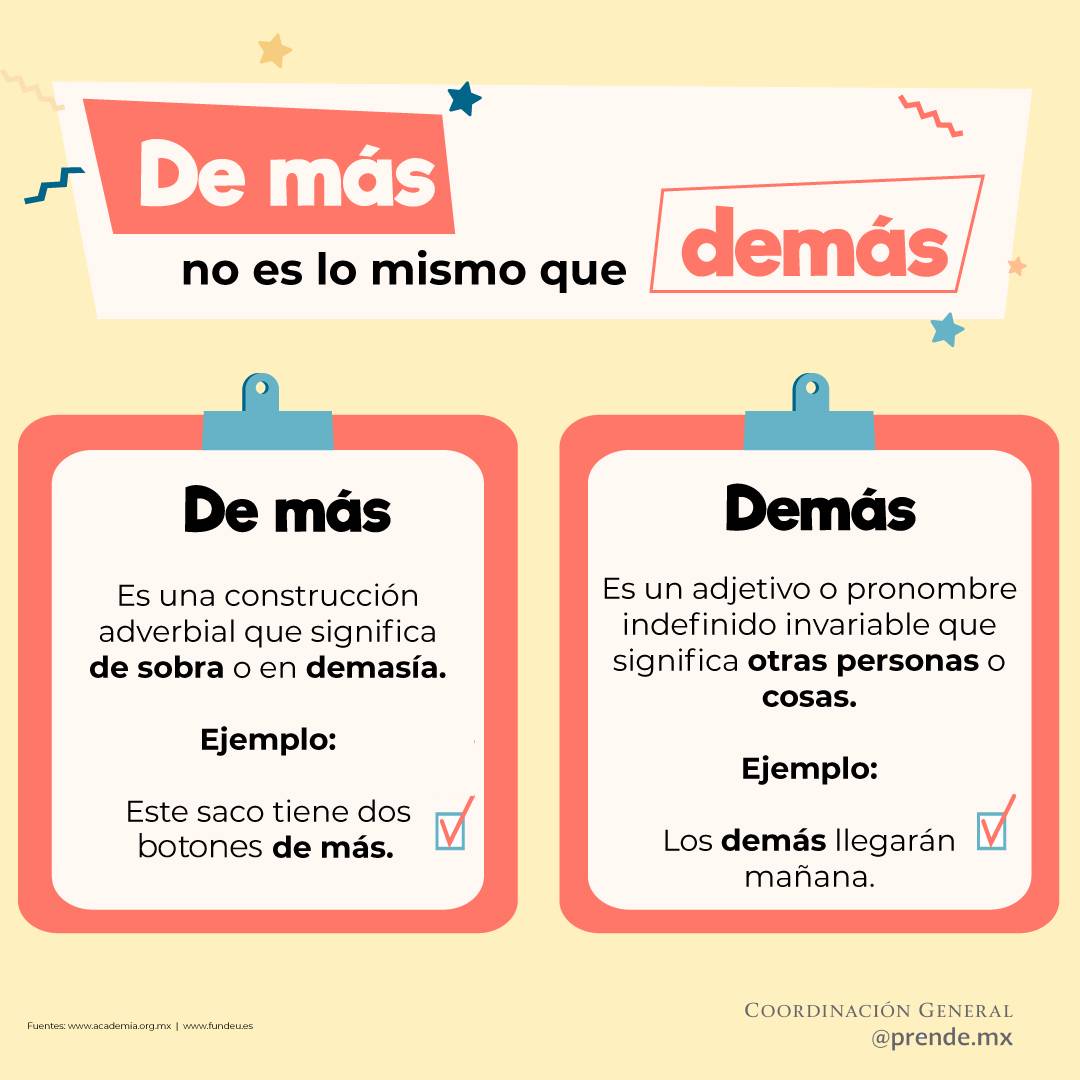 aprende_mx's tweet photo. ¿De más o demás? 🤔🤓
"Demás" es un adjetivo o pronombre indefinido invariable que significa 'otras personas o cosas'.

La construcción adverbial "de más" significa 'de sobra o en demasía'.
#DudaOrtográfica

@aprende_mx https://t.co/rHajRkpo49