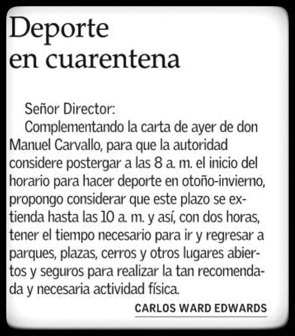 'Deporte en cuarentena'. Carta corta de Carlos Ward. El Mercurio, 21.03.2021.

#covid19 #confinamiento #derechoaldeporte #políticaspúblicas #enpocaspalabras #cartascortas