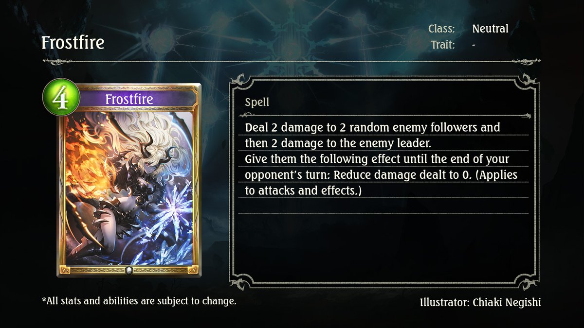 A new card from the next expansion pack is revealed on the Shadowverse Open WEST stream today!
Frostfire is a Neutral card that is a part of Darkness Over Vellsar.

The next set of cards will be released at the end of March.
Follow <a href="/shadowversegame/">Shadowverse: Worlds Beyond</a> for updates! #Shadowverse