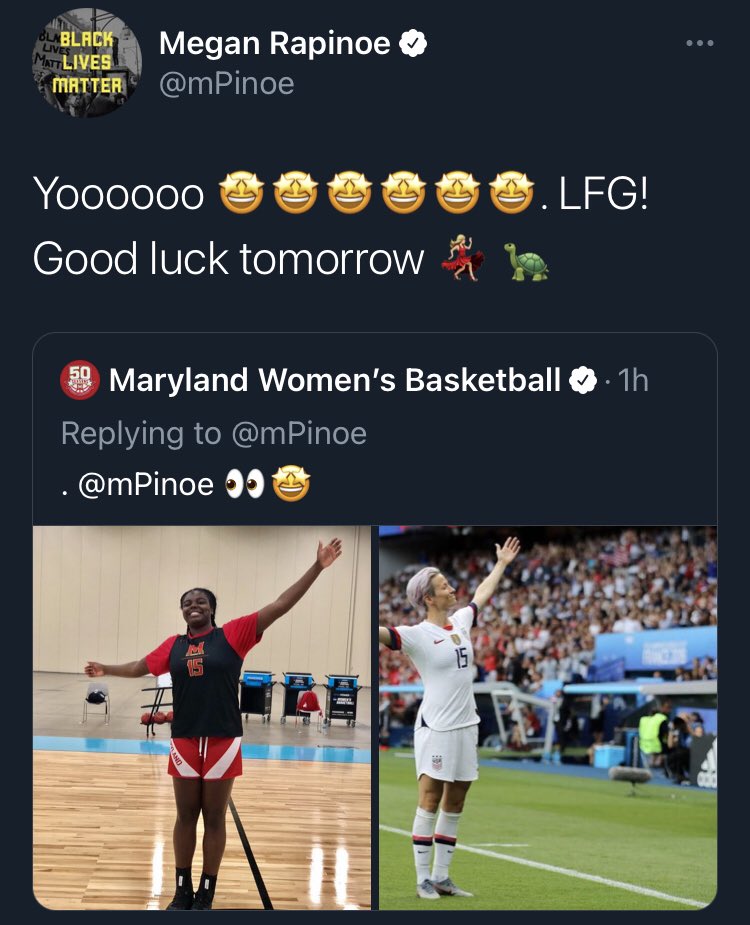 umterps's tweet photo. Megan Rapinoe: @TerpsWBB fan.

A four part story. https://t.co/JvZDlMj5U8