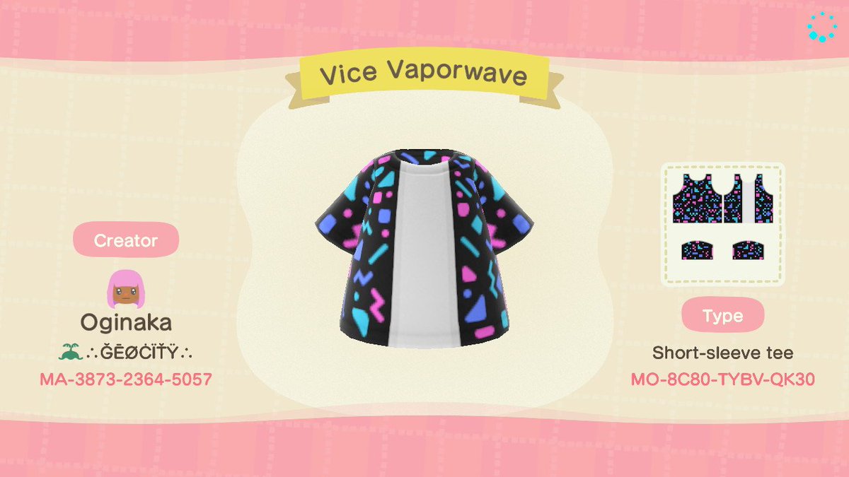 ogi_vapor's tweet photo. @VaporFashion I really love how this shirt turned out I hope you do too! 
#どうぶつの森 #ACNHDesign #ACNHDesigns #ACNHDesignCodes #ACNH #Vaporwave #AnimalCrossing #AnimalCrossingNewHorizons https://t.co/aKA7kzFD8G