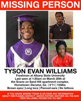 AlbanyStateUniv's tweet photo. Golden Rams, one of our own, Tyson Evan Williams, 18, has been reported missing. He was last seen on Saturday, March 20th around 1:30 a.m. If you have seen him or if you have any information about where he could be, please contact the Albany Police Department at 229-431-2100 https://t.co/uFG77lXpxX