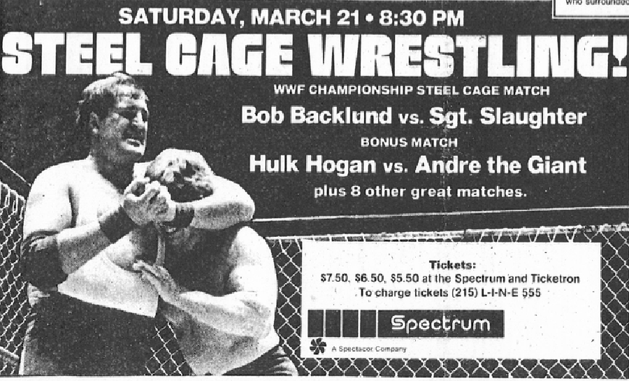 Wrestle40's tweet photo. 🌎 WWF ran the Spectrum in Philadelphia, PA tonight. Despite a transit strike, 17,678 were in attendance. WWF Champion Bob Backlund battled @_SgtSlaughter in a steel cage match! Andre the Giant vs @HulkHogan. + 8 other bouts. #OnThisDay #PRISMNetwork 

📼 https://t.co/ko6PwXLsUw https://t.co/D7AIpvUNbi