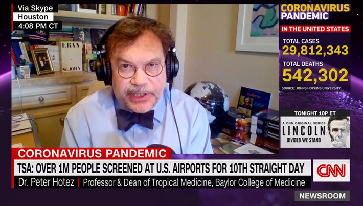 Porter_Anderson's tweet photo. Media: @PeterHotez to @AnaCabrera: "The fact you've got a million people a day going through airports is not good. What we're doing is spreading the B.1.1.7 variant across the nation. Remember, exponential growth stays flat, and then when things go bad, they go bad really fast." https://t.co/WWmy2m93es