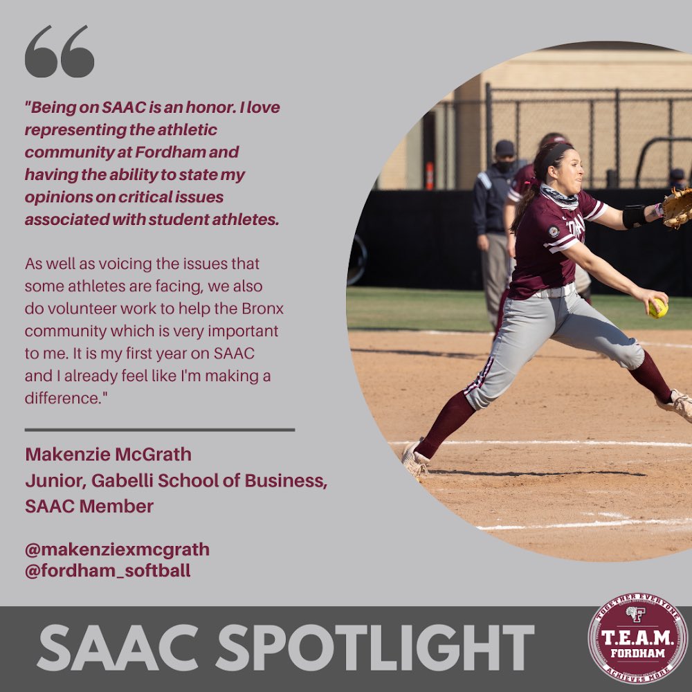 SAAC Spotlight - Makenzie McGrath⁣
⁣
<a href="/FordhamSAAC/">Fordham SAAC</a> member <a href="/makenziemcg/">makenzie mcgrath</a> shines on and off the field. Makenzie values the Fordham community and using her voice to support all student-athletes. #teamfordham #fordhamathletics