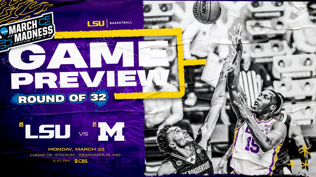 LSUBasketball's tweet photo. The 8-seed Tigers will take on 1-seed Michigan on Monday, March 22 at 6:10 p.m. CT at Lucas Oil Stadium, live on CBS.

🔗 https://t.co/JM7skMpd1M https://t.co/nFwFvjbi6q