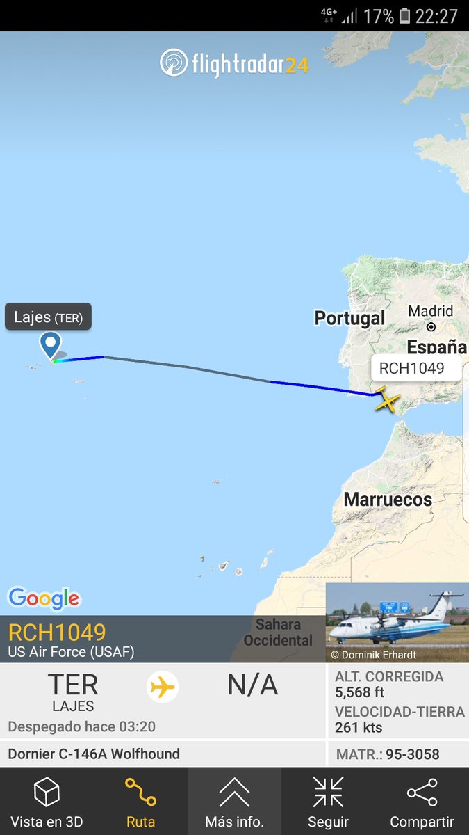 MilRadar's tweet photo. 🇺🇸 #USAF #Dornier C-146A 95-3058 del #524thSOS en descenso hacia #Rota procedente de #Lajes #Azores https://t.co/cwh6d2QT0M