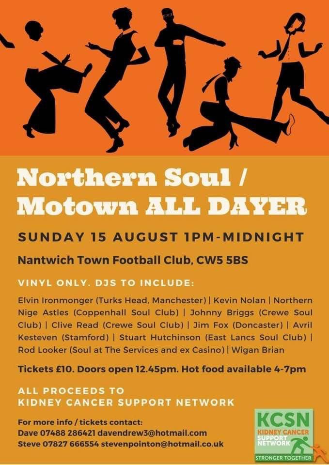 stokiestevep's tweet photo. Tickets starting to sell well for this event for @KidneycancerSN. If Northern Soul or Motown is your thing, what a great day out. #northernsoul #motown #alldayer #music #dance #tickets #charity #kcsn https://t.co/Pz46Qtsty3