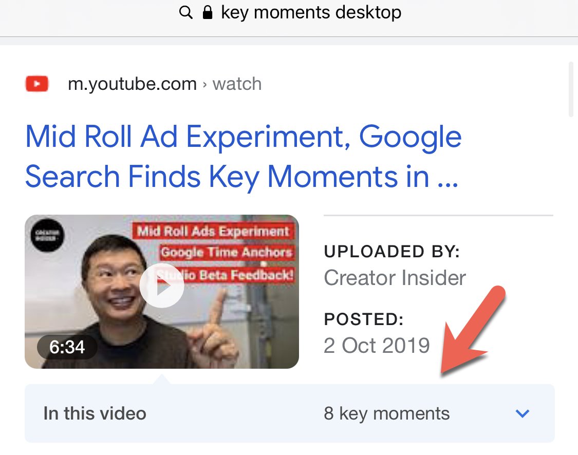 brodieseo's tweet photo. Looks like Google’s ‘Key Moments’ are now officially showing on mobile with *standalone* (not within a carousel) YT videos. First spotted this test in early Jan 2021, but is available on mobile for all users now – desktop rollout still to come. https://t.co/ukmruZdBFw https://t.co/ygDvIWvfqP