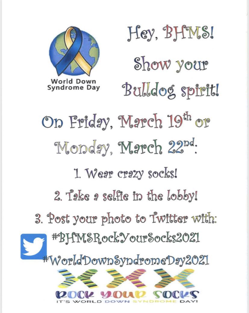 Taryn Homolash (@tlash630) on Twitter photo Get ready to rock your socks for World Down Syndrome Day tomorrow! <a href="/Official_BHMS/">Bunker Hill Middle</a> <a href="/MikeDOstilio/">Mike D'Ostilio</a> <a href="/DrMuscelli/">Greg Muscelli</a> Get ready to rock your socks for World Down Syndrome Day tomorrow! <a href="/Official_BHMS/">Bunker Hill Middle</a> <a href="/MikeDOstilio/">Mike D'Ostilio</a> <a href="/DrMuscelli/">Greg Muscelli</a>