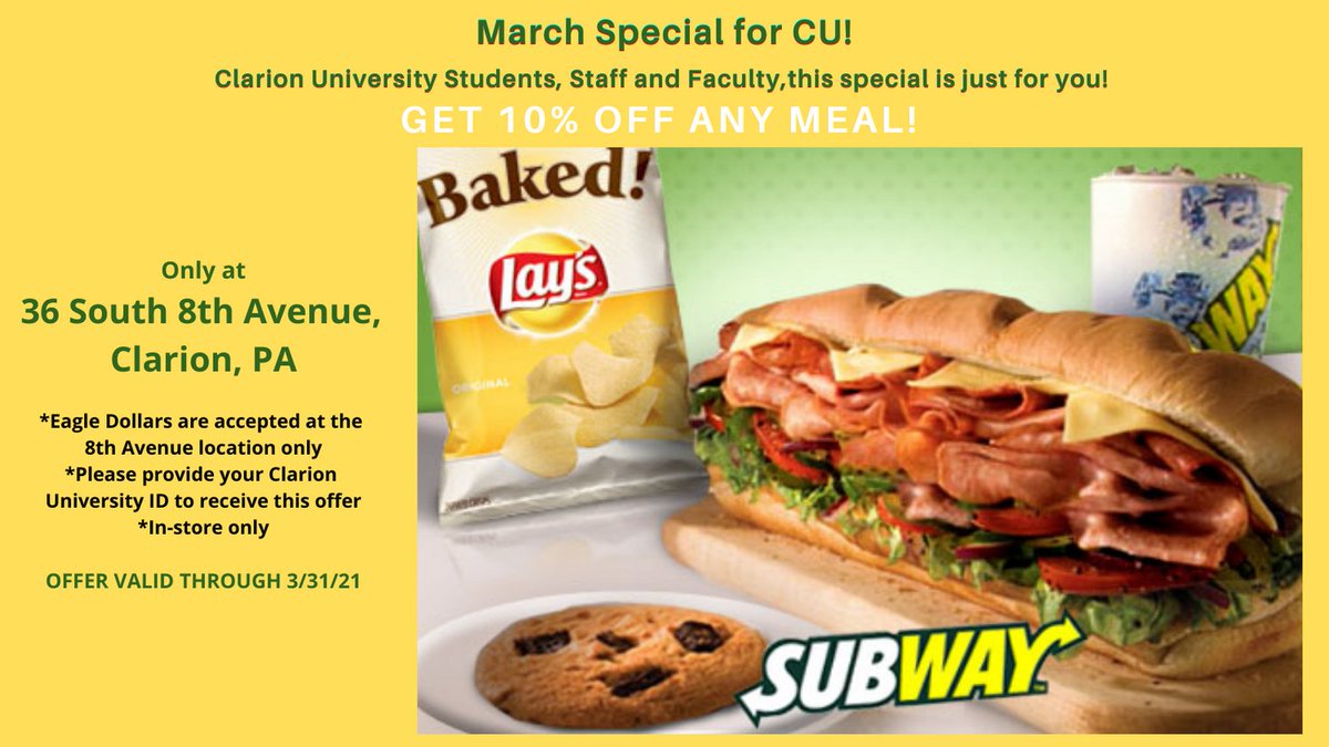 SubwayClarion's tweet photo. #EatFresh #Clarion #ArmstrongCounty #NewBethlehem #FordCity #Worthington #Kittanning #MarchSpecial #CUP #ClarionUniversity https://t.co/Jay82GnbFd