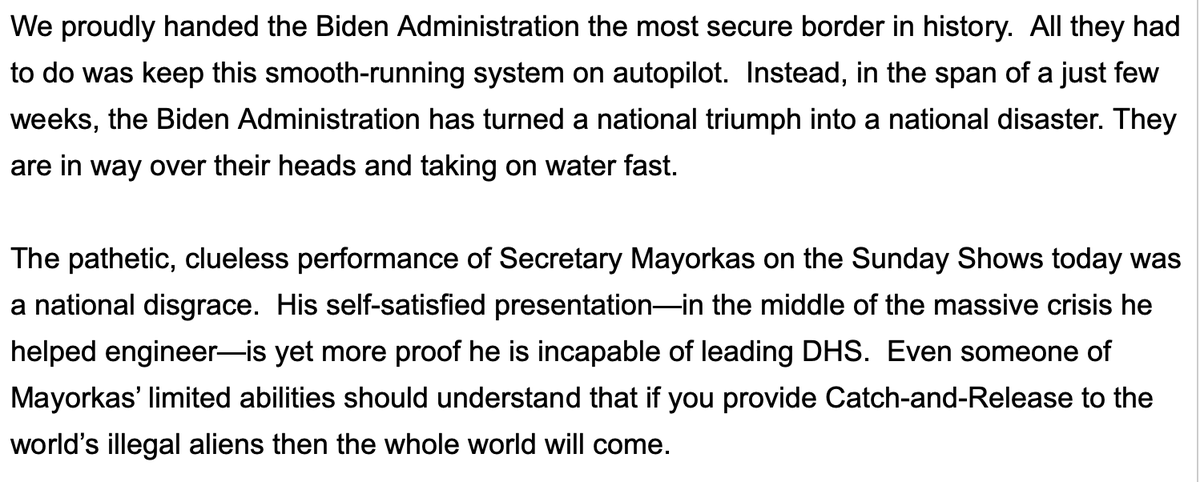 MZHemingway's tweet photo. New statement from former President Donald Trump, on the Biden administration's quickly deteriorating Southwest border crisis: "the Biden Administration has turned a national triumph into a national disaster." https://t.co/3gy0ALkJtD