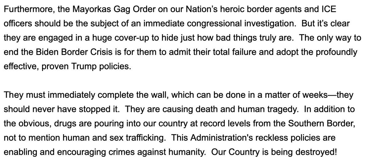 MZHemingway's tweet photo. New statement from former President Donald Trump, on the Biden administration's quickly deteriorating Southwest border crisis: "the Biden Administration has turned a national triumph into a national disaster." https://t.co/3gy0ALkJtD