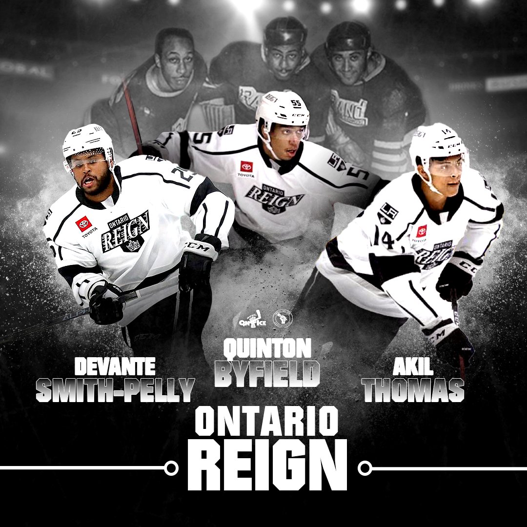 SOIThePodcast's tweet photo. History being made tonight. Not since the Black Aces have we seen an all-Black line in pro hockey. Herb Carnegie, Ozzie Carnegie &amp; and Manny McIntyre are shining down on @SmithPelly23, @Byfield55 &amp; @AkilThomas tonight. The line already has a goal in the 1st. #History #SoulOnIce https://t.co/ChW5IjfICr