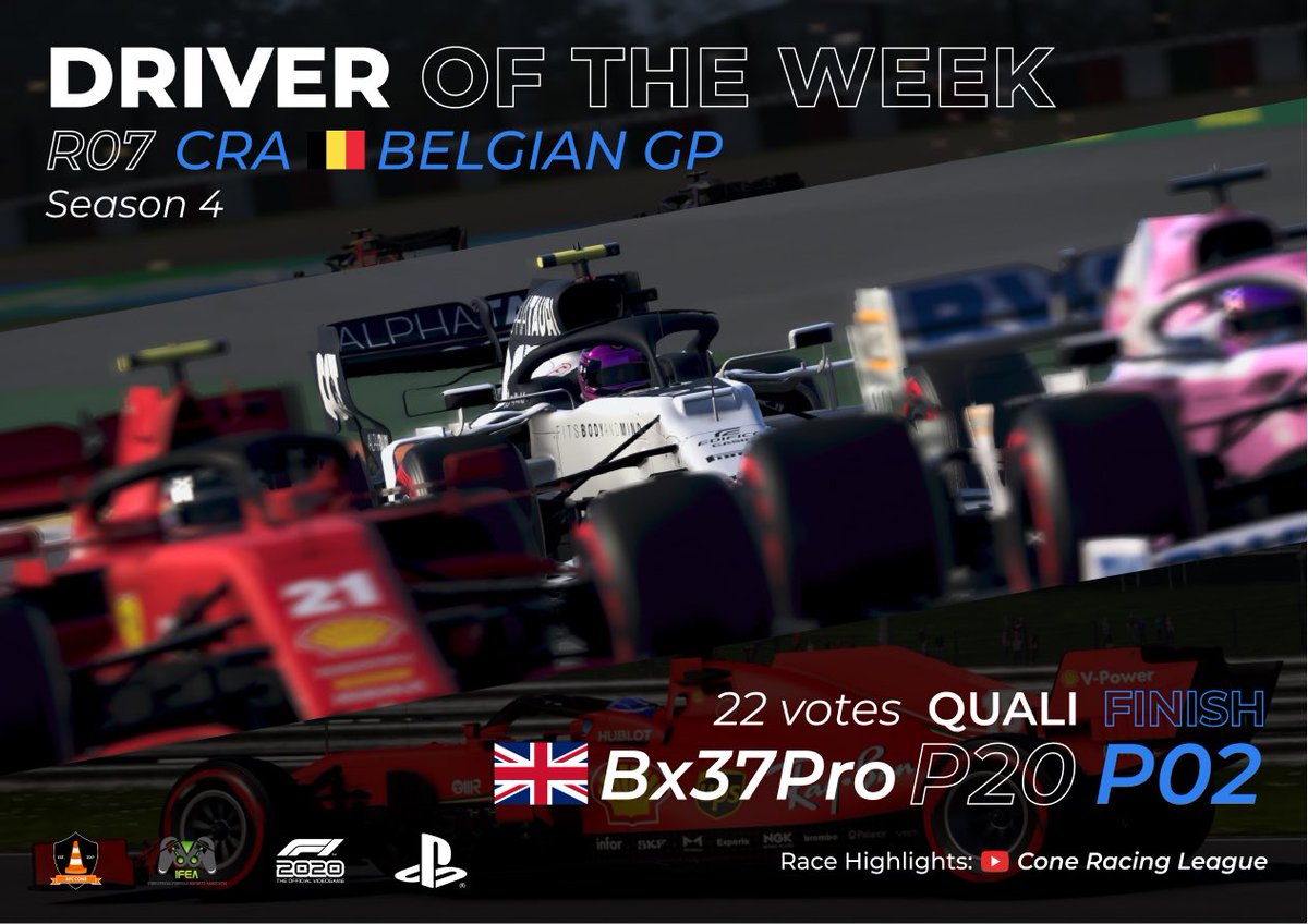 Cone_Racing's tweet photo. Congratulations to your Driver of The Week... Bx37Pro! A fantastic drive from P20 on the grid to finish narrowly off of the top spot earns him this well deserved award! 🏆 #CRLSeason4 #F1eSports https://t.co/0rqMl91QKP