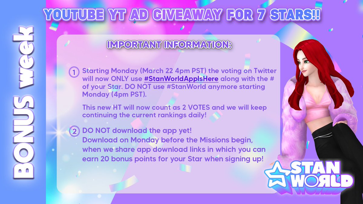 stanworld_twt's tweet photo. Remember guys, Missions In-App start tomorrow! Many asked for time to adjust to the app before the in-app voting week because not understanding could make you lose time, so that’s why we are doing a 7-day event with BONUS prizes before next round begins. Check information below! https://t.co/nc7j9oqb2d