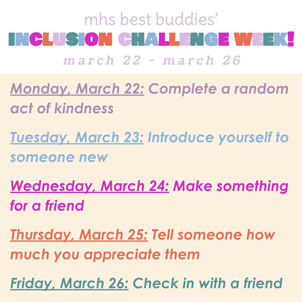 Throughout March, Best Buddies chapters everywhere are asked to participate in the “Spread the Word: Inclusion” campaign. This is how BB of Mansfield High School is challenging our community! Remember that we encourage everyone to join in!👩🏻‍🤝‍👨🏼❤️