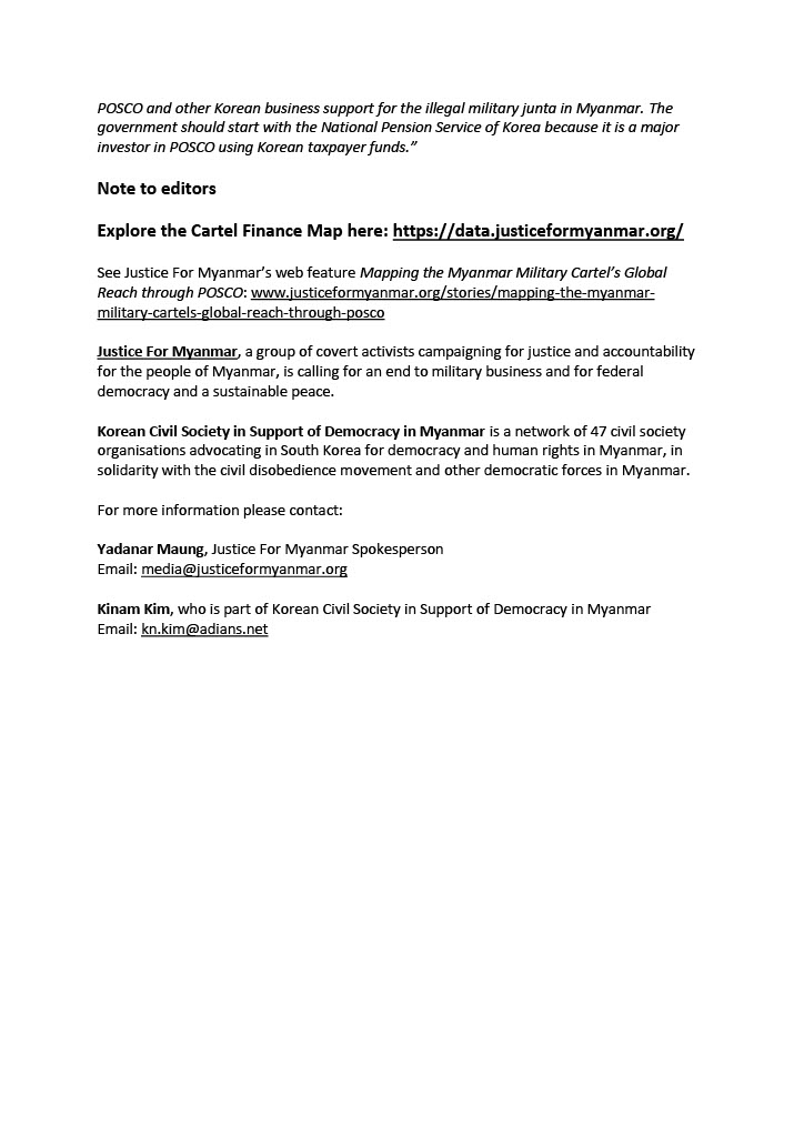 Press Release 📣 #POSCO’s global reach financing the #Myanmar military coup &amp; atrocities exposed in Cartel Finance Map 👉🏽 ow.ly/QfoK50E4x8F Myanmar and South Korean activists call on shareholders and business partners to cut ties with POSCO ✊🏽🪧 PR 👉🏽ow.ly/jw7e50E4xwt