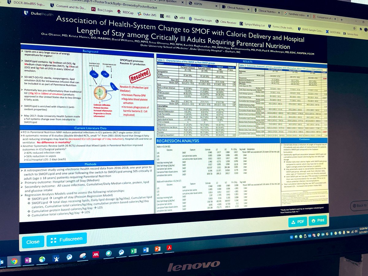 Paul_Wischmeyer's tweet photo. SMOF-lipid in TPN reduces length of stay in #ICU patients in large observational study of switch to new lipid @DukeHealth 

Presentation today at #ASPEN21 by Osa Obanor MD, @DrKristaHaines &amp; our @Duke_Anesthesia &amp; @DukeSurgery CAPER #Nutrition Research Team!

#dietitian https://t.co/XGcreWpAtu