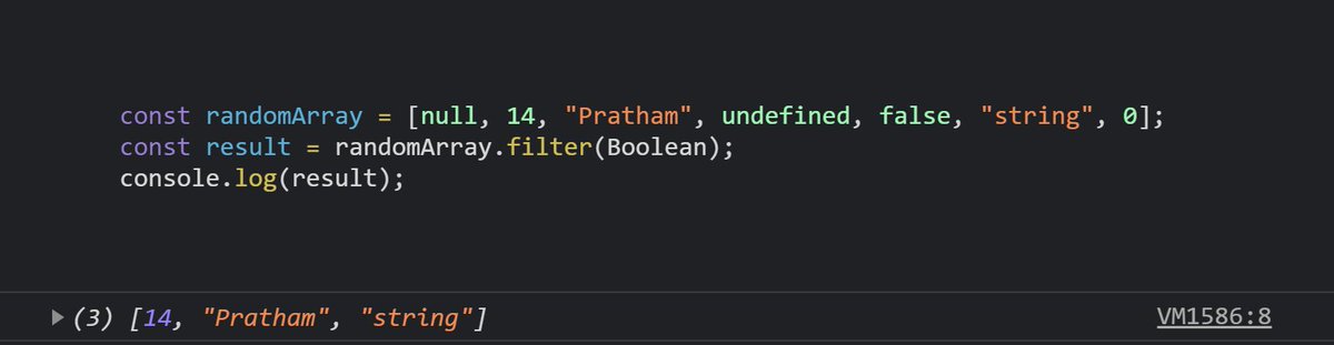 Prathkum's tweet image. JavaScript Pro Tip
Use Array filter method like a pro and remove all falsy values in one line 😎