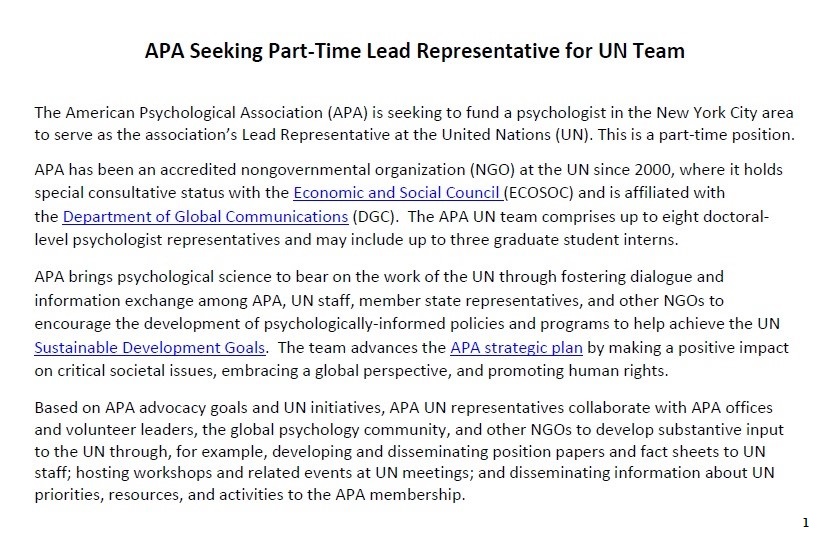 APAUNNGO's tweet photo. APA is seeking a part-time Lead Representative for UN Team (see pictures for details). Send applications to Gabriel Twose (gtwose@apa.org) by April 9, 2021.
Reach out if you have any questions or concerns, thank you! https://t.co/CX0WXH8kUV