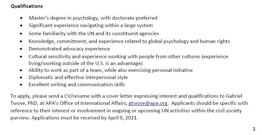 APAUNNGO's tweet photo. APA is seeking a part-time Lead Representative for UN Team (see pictures for details). Send applications to Gabriel Twose (gtwose@apa.org) by April 9, 2021.
Reach out if you have any questions or concerns, thank you! https://t.co/CX0WXH8kUV