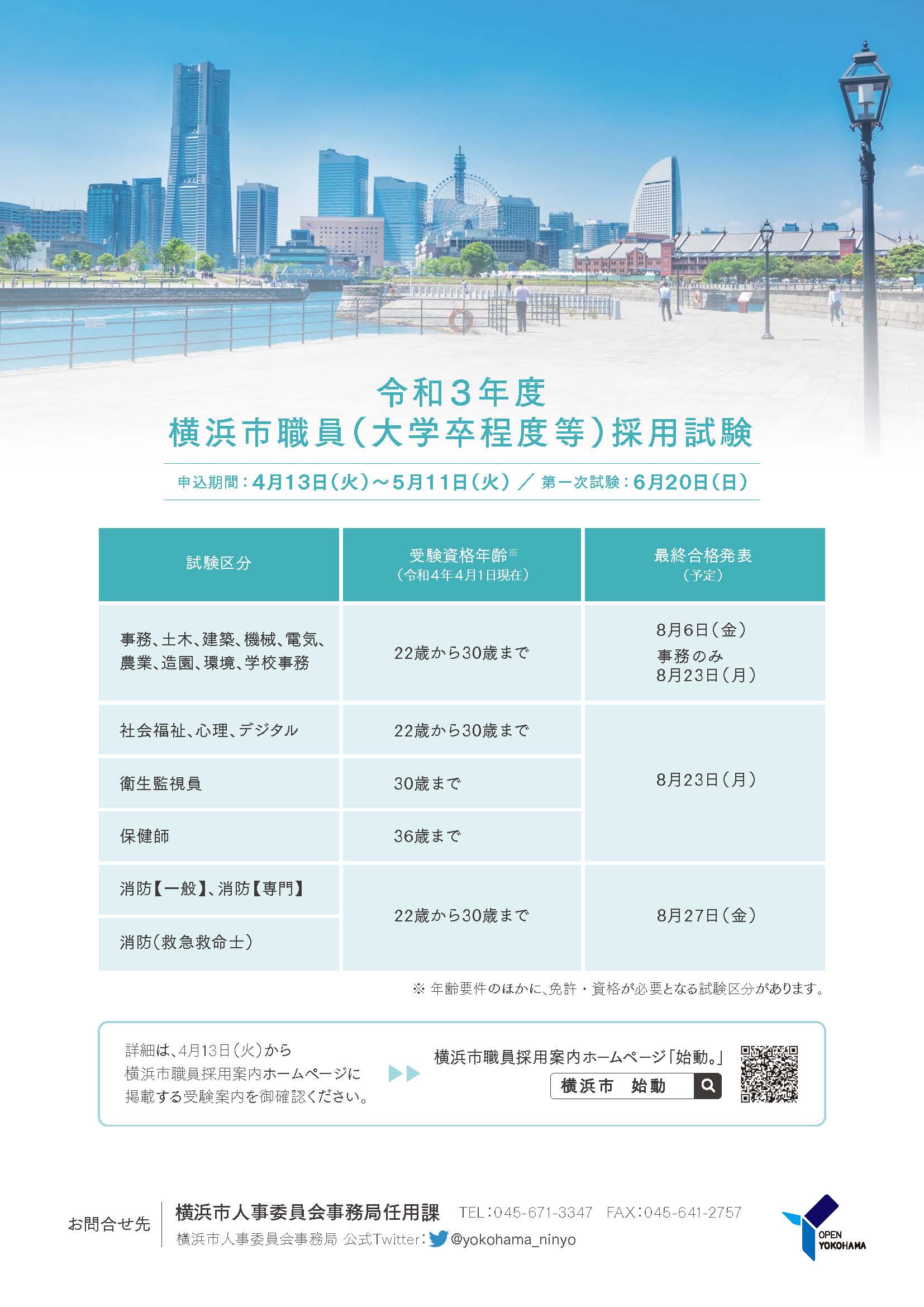 横浜市人事委員会事務局任用課 横浜市職員 大学卒程度等 採用試験を実施します 実施する試験区分等を発表しました 受験資格や申込方法等は ４月13日 火 から横浜市職員採用案内ホームページ 始動 T Co Vnmh59scqy に掲載する受験
