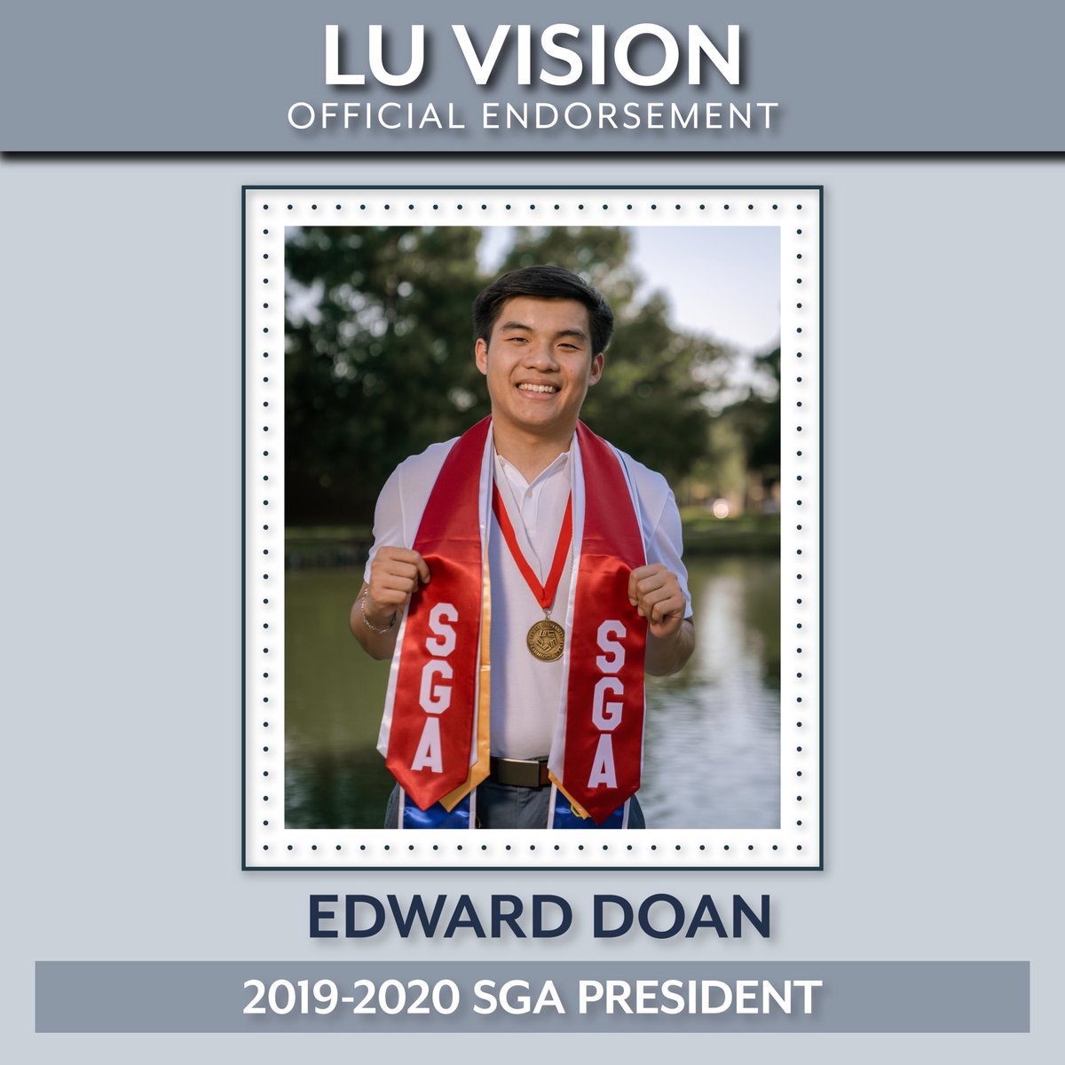 luvision2021's tweet photo. We’re highly honored to have Edward Doan, the 2019-2020 SGA President, officially endorse LU Vision! We have much to learn from his administration’s legacy, but we are excited to embark on creating a new legacy of our own!
☆
#luvision2021
Your vision. Our ambition. https://t.co/XkN5ZaYwwL