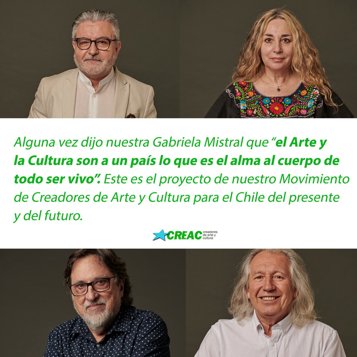 creacchile's tweet photo. "Alguna vez dijo nuestra Gabriela Mistral que el Arte y la Cultura son a un país lo que es el alma al cuerpo de todo ser vivo. Este es el proyecto de nuestro Movimiento de Creadores de Arte y Cultura para el Chile del presente y del futuro."
Conócenos 👉 https://t.co/7OjBwSO5cB https://t.co/vAu3vQct7z