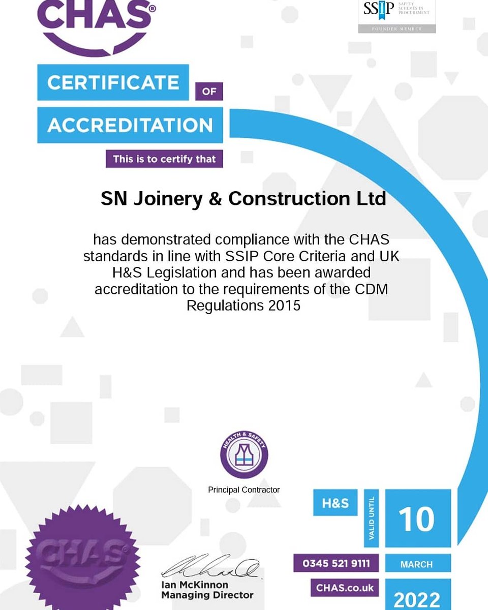 snjoinery's tweet photo. SN Joinery &amp; Construction Ltd are delighted once again to be @safe_contractor and @CHAS2013Ltd accredited for another year. Always showing a continuous commitment to health and safety. #SafetyFirst #healthandsafety #safeworkplace #safecontractor  #chas
https://t.co/tJlKwFzoej https://t.co/4JlqMHCKlO