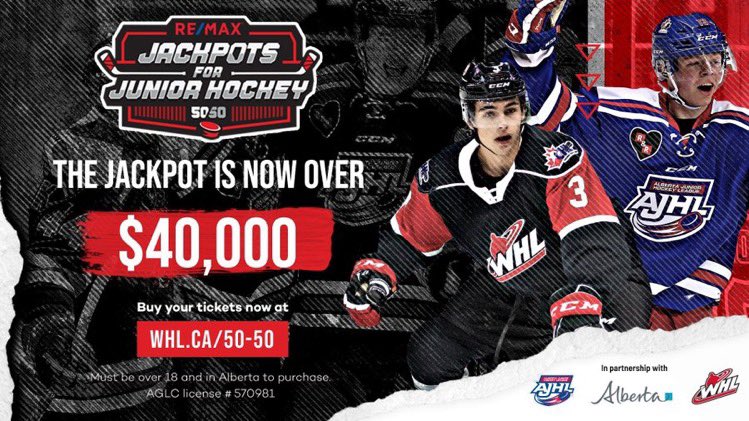 TheAJHL's tweet photo. We have hit $40,000 in this weekend’s #Jackpots4JrHockey 50/50 presented by @remaxwesterncan!

Today is the last day for this weekends’s draw! Support @TheAJHL &amp; @TheWHL teams in Alberta! 

TICKETS >>> https://t.co/fr9iD5MVvu https://t.co/9py9XqE0n7