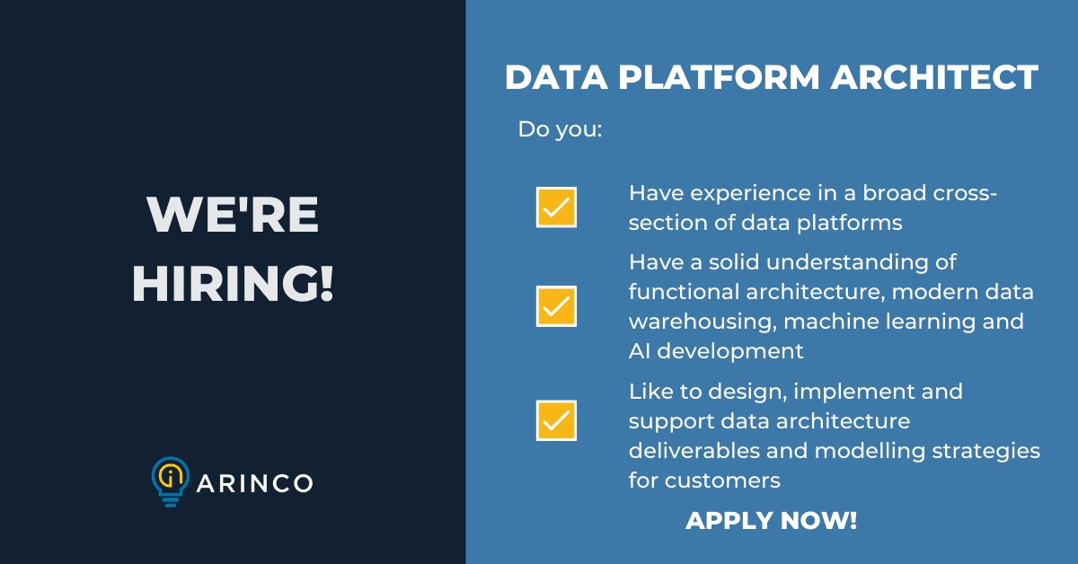 arincoau's tweet photo. We're looking for a Data Platform Architect to join our Crew in Melbourne or Sydney to provide data consulting services to our clients and help them improve data reliability, efficiency and quality. Apply now!

https://t.co/IXDNQVSViW
#hiring #techjob #AI #machinelearning #data https://t.co/psOvgXW5NE