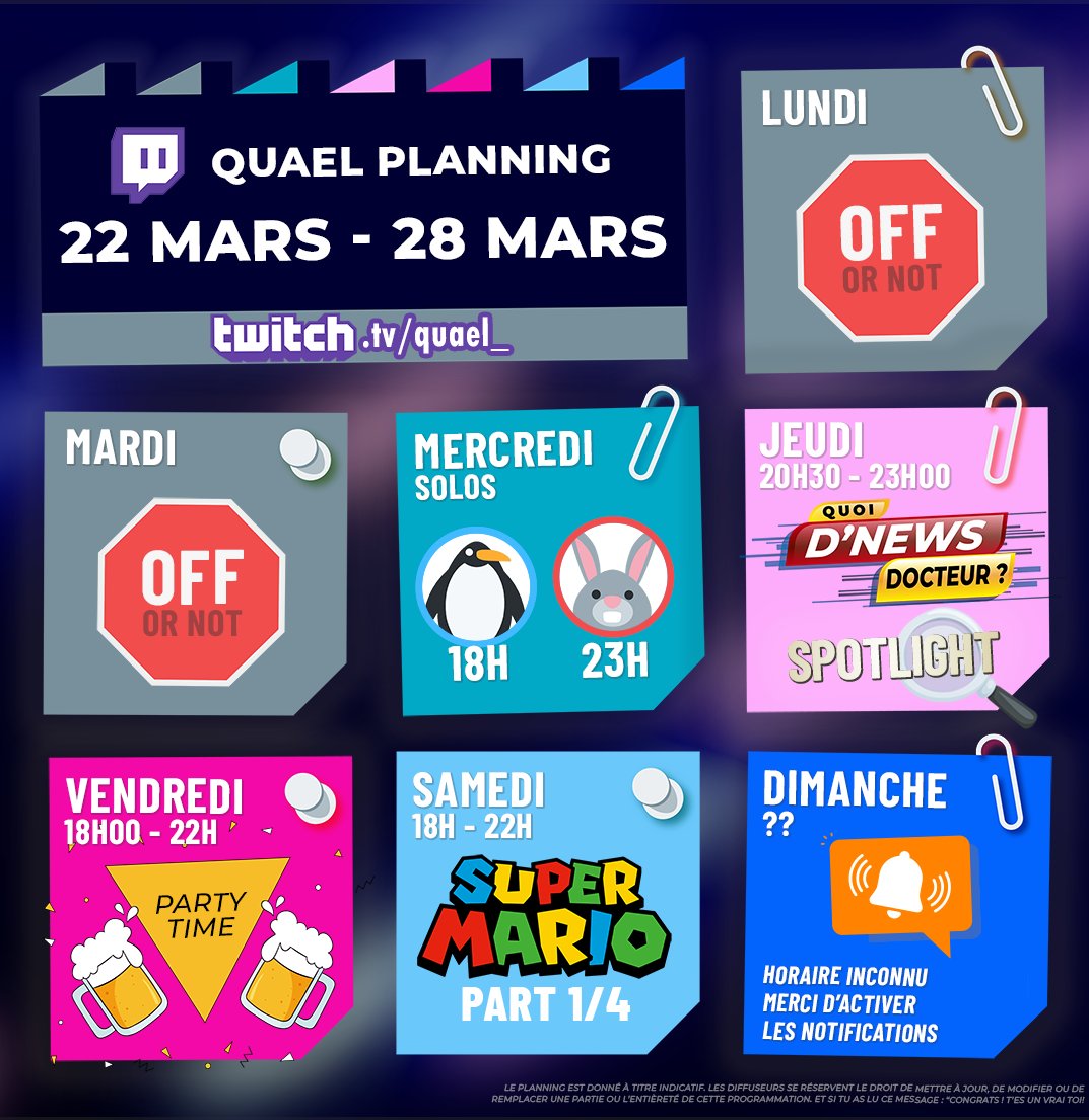 Quael_'s tweet photo. 🗓️Nouveau program' avec de...
🕐Nouveaux horaires pour de...
💡Nouveaux formats et de...
🎮Nouvelles aventures

On continue de se renouveller pour vous offrir de bons moments en notre compagnie😊

#twitchstreamer #SupportSmallStreams #planning https://t.co/h4CFTYZSfQ