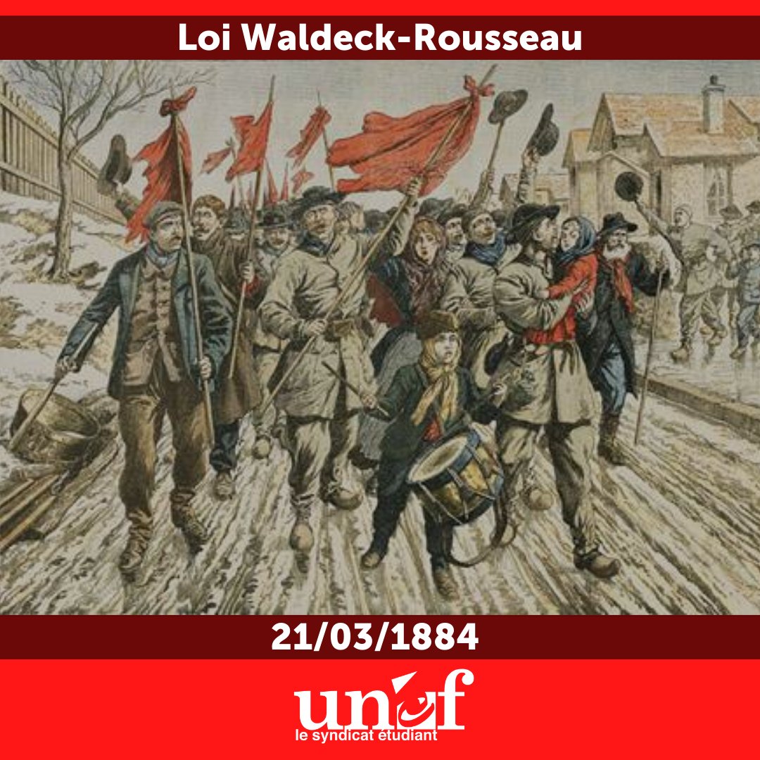 UNEF's tweet photo. 🟥 Il y a 137 ans, la loi Waldeck-Rousseau autorisait les syndicats.
Toute l'histoire de nos organisations est faite de débats.
Les positions évoluent, suivant le contexte de leurs époques, avec toujours comme boussole l'amélioration des conditions matérielles et l'émancipation ! https://t.co/iPsj4OFztT