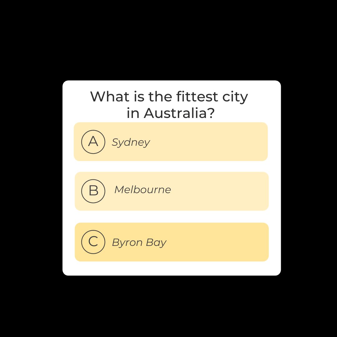 HealthyPeople's tweet photo. Can you guess?

According to MyProtein, it's Byron Bay!

Men's Health says: "The list takes into account the number of gyms per 1,000 people, the number of fitness searches on Google, and a whole lot of other data to score every city in the nation out of 100."

Comment below! https://t.co/0tSC2HG6MG