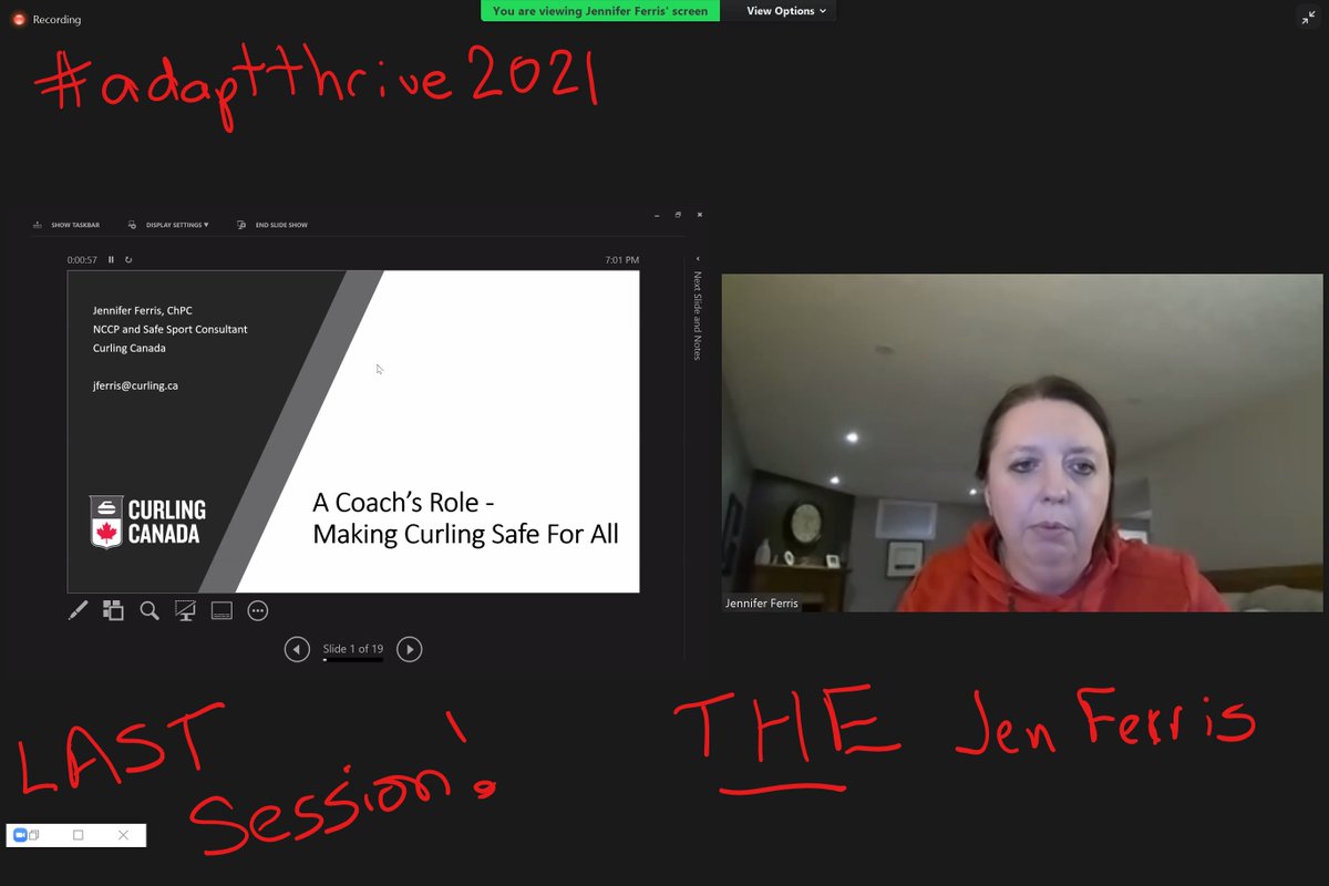 This is it!  Last session of the day!  Safe Sport with Jen Ferris!  #adaptthrive2021 
<a href="/CurlON_/">Carla Nahir Ayala</a> <a href="/TeamNorthernON/">Team Northern Ontario</a> <a href="/CurlBC/">Curl BC</a> <a href="/CURLSASK/">CURLSASK</a> <a href="/curlmanitoba/">CurlManitoba</a>