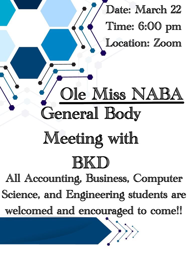 OleMissNABA's tweet photo. Ole Miss NABA will be having a general body meeting tomorrow evening at 6:00 on zoom! 
Zoom ID: 978 3362 4029
Passcode: 331596 https://t.co/mlcotDsQb3