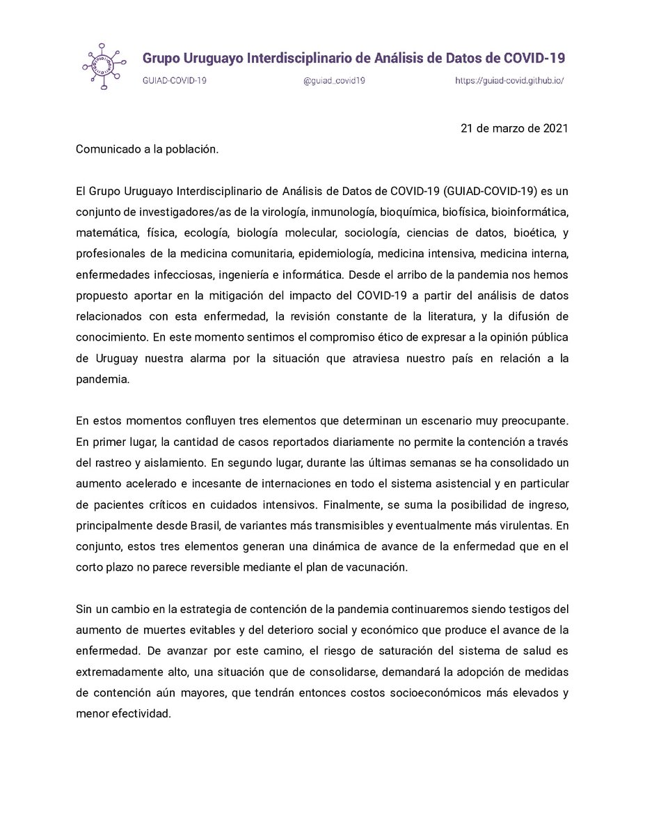 guiad_covid19's tweet photo. Como GUIAD-COVID-19 sentimos el compromiso ético de expresar a la opinión pública de Uruguay nuestra alarma por la situación que atraviesa nuestro país en relación a la pandemia.

El texto completo del comunicado puede descargarse desde nuestro portal
https://t.co/fw3SZtHcj8 https://t.co/nKV01yN5Yh