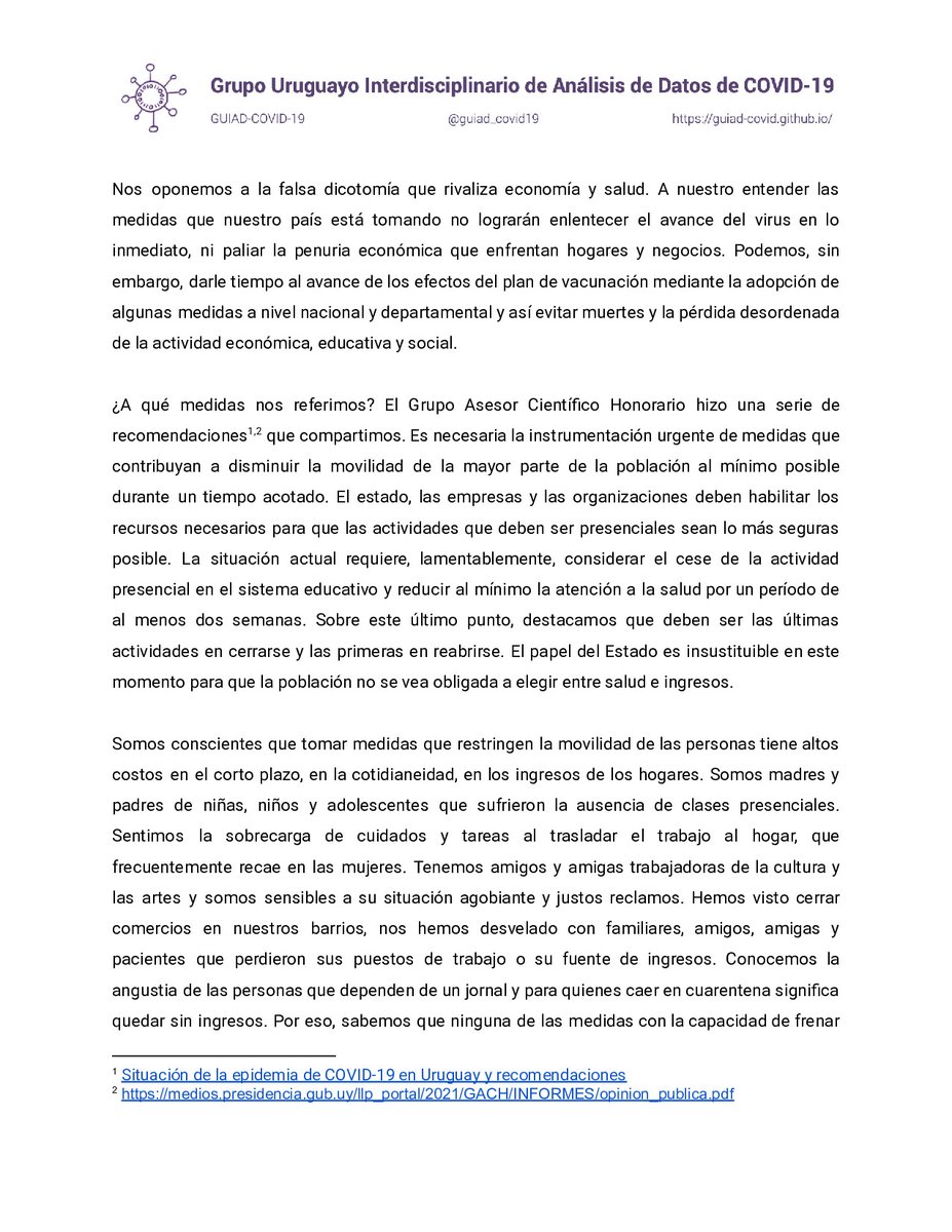 guiad_covid19's tweet photo. Como GUIAD-COVID-19 sentimos el compromiso ético de expresar a la opinión pública de Uruguay nuestra alarma por la situación que atraviesa nuestro país en relación a la pandemia.

El texto completo del comunicado puede descargarse desde nuestro portal
https://t.co/fw3SZtHcj8 https://t.co/nKV01yN5Yh