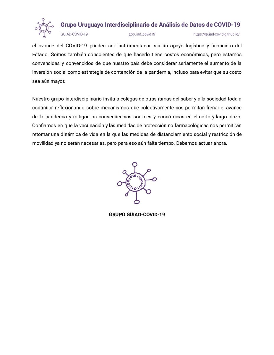 Como GUIAD-COVID-19 sentimos el compromiso ético de expresar a la opinión pública de Uruguay nuestra alarma por la situación que atraviesa nuestro país en relación a la pandemia.

El texto completo del comunicado puede descargarse desde nuestro portal
guiad-covid.github.io/post/declaraci…