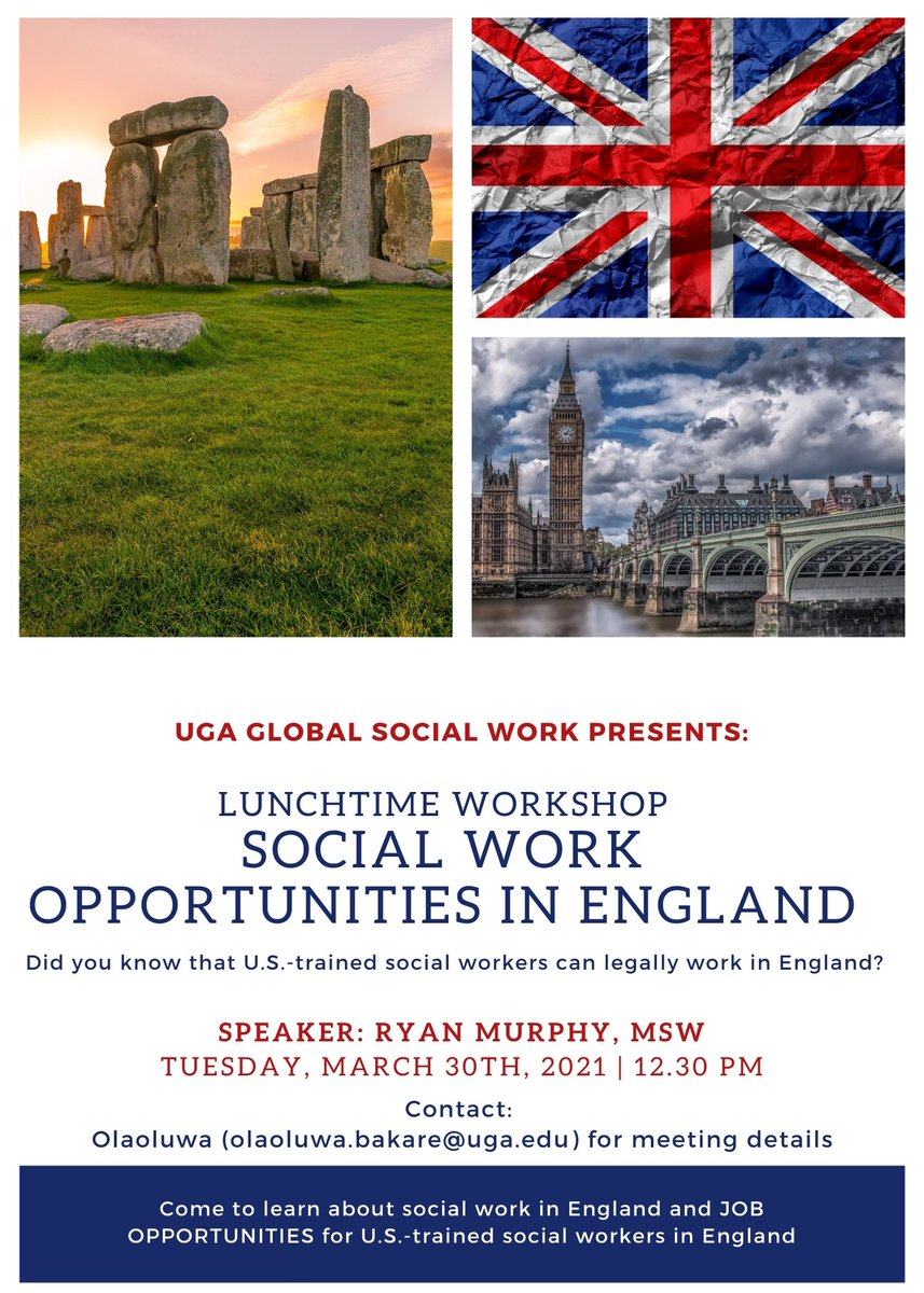 UGAglobalSW's tweet photo. The UGA Global Social work will host a lunchtime workshop about social work job opportunities for U.S.-trained social workers in England. We'll be joined from England by Ryan Murphy, who has been working there for several years. See flyer for more details. #England #globalsw https://t.co/uzlQsGvFwh