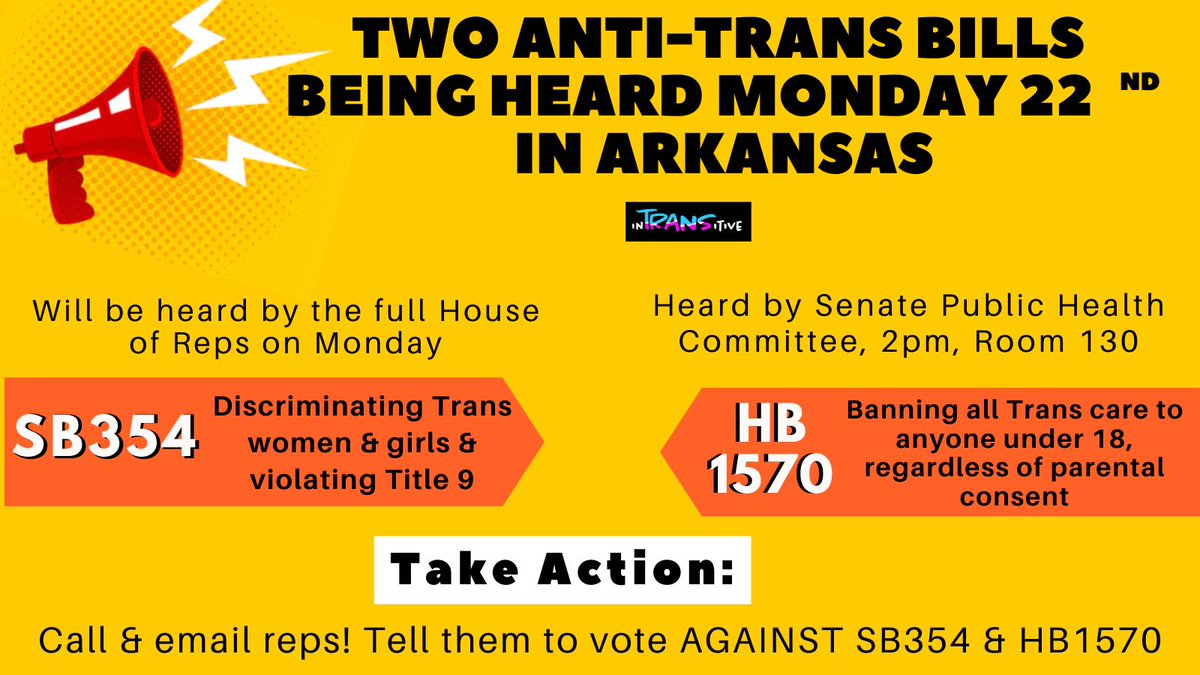 <a href="/meganforAR/">Megan Godfrey</a> <a href="/NicoleClowneyAR/">Rep. Nicole Clowney</a> Anti-trans Bill #SB354 is up for voting tomorrow before the #Arkansas House of reps. Will you stop this bill? Will you use your platform to speak up for Trans kids? 

#HB1570