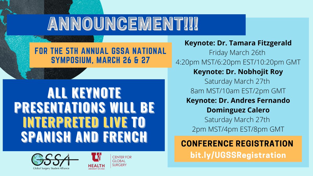 We are excited to announce that all keynote presentations for the 5th Annual GSSA symposium hosted in partnership with the University of Utah will be live translated into Spanish &amp; French!

Register here: bit.ly/UGSSRegistrati…

#GlobalSurgery <a href="/UUCGS/">Center for Global Surgery</a> #FutureOfTheOR