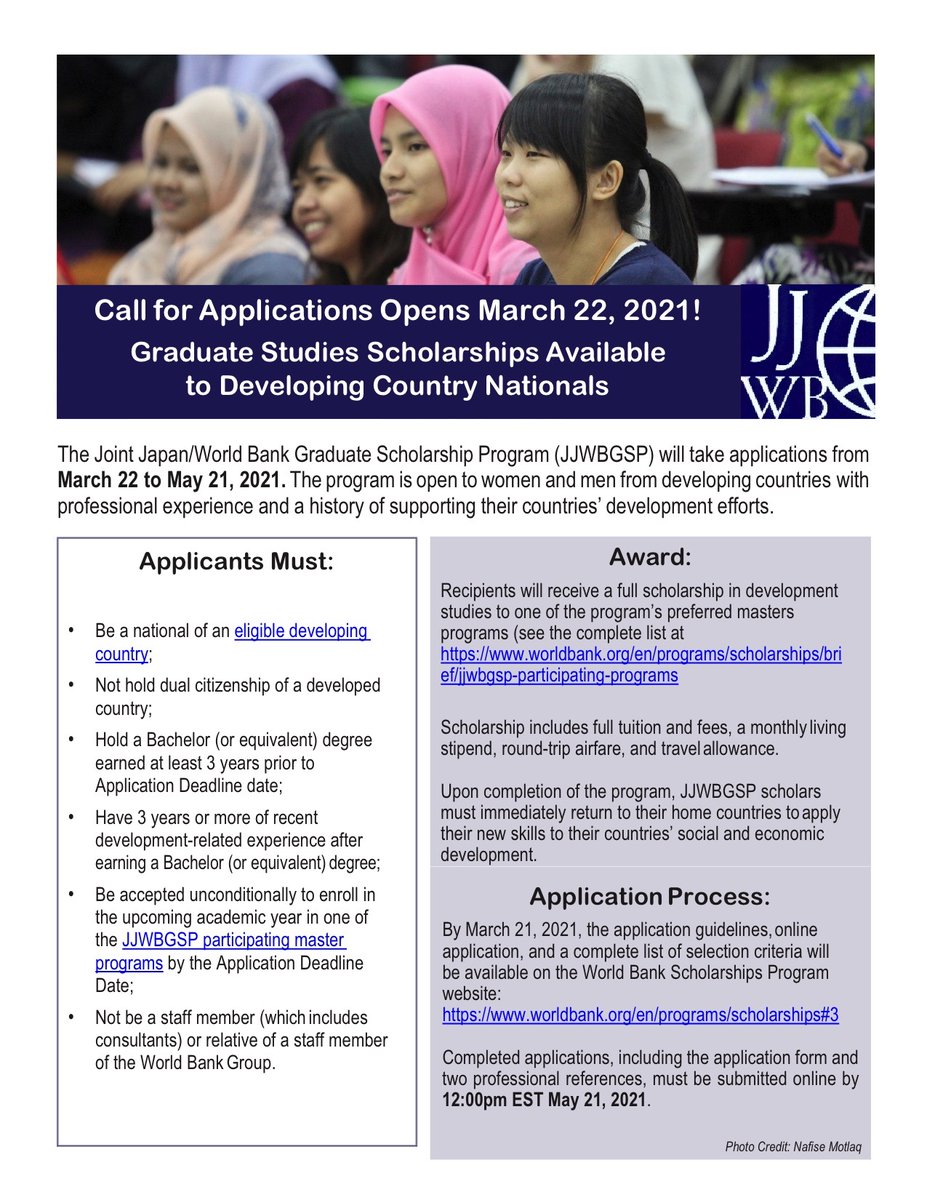 MISGLB's tweet image. JOINT JAPAN/WORLD BANK GRADUATE SCHOLARSHIP PROGRAM (JJWBGSP)

Click for more information: worldbank.org/en/programs/sc…